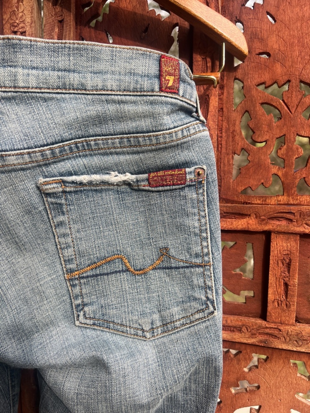 Y2K 7 For All Mankind Light Blue Bootcut Denim Jeans with Gold Logo Stitching